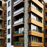**

"Exterior of a modern multi-story residential building in Istanbul, Turkey. The facade features a blend of natural stone cladding and wood accents, incorporating a vertical garden. Large windows maximize natural light. Include solar panels on the roof and lush green landscaping around the base of the building.  Show the building blending seamlessly with the urban environment, emphasizing sustainability and aesthetic appeal, shot during golden hour."

**