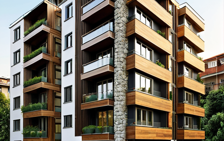 **
"Exterior of a modern multi-story residential building in Istanbul, Turkey. The facade features a blend of natural stone cladding and wood accents, incorporating a vertical garden. Large windows maximize natural light. Include solar panels on the roof and lush green landscaping around the base of the building. Show the building blending seamlessly with the urban environment, emphasizing sustainability and aesthetic appeal, shot during golden hour."
**