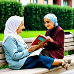 A serene scene depicting an elderly Turkish woman, fully clothed in modest, traditional attire, gently smiling as she reads a storybook to a young Turkish child. The child, wearing appropriate and comfortable everyday clothes, is sitting attentively beside her in a natural pose. They are seated on a clean, modern bench in a well-maintained, lush apartment complex garden. The background features blurred, contemporary apartment buildings under soft daylight. Perfect anatomy, correct proportions, well-formed hands, proper finger count, natural body proportions. Professional photography, high quality, safe for work, appropriate content, fully clothed, family-friendly.