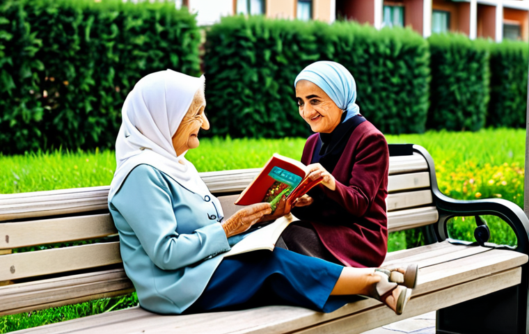 A serene scene depicting an elderly Turkish woman, fully clothed in modest, traditional attire, gently smiling as she reads a storybook to a young Turkish child. The child, wearing appropriate and comfortable everyday clothes, is sitting attentively beside her in a natural pose. They are seated on a clean, modern bench in a well-maintained, lush apartment complex garden. The background features blurred, contemporary apartment buildings under soft daylight. Perfect anatomy, correct proportions, well-formed hands, proper finger count, natural body proportions. Professional photography, high quality, safe for work, appropriate content, fully clothed, family-friendly.