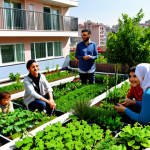 A diverse group of residents (adults and children, fully clothed in modest, casual attire) on a vibrant, flourishing green roof of a modern apartment building in a Turkish city. The roof features small urban garden plots with various plants, a comfortable seating area, and visible solar panels in the background. Residents are engaged in light gardening activities, chatting, and enjoying the space. Sunlight bathes the scene. Well-maintained plants, visible drip irrigation, city skyline in the distance. Professional photography, realistic, high detail, perfect anatomy, correct proportions, natural pose, well-formed hands, proper finger count, natural body proportions, safe for work, appropriate content, fully clothed, modest clothing, family-friendly.