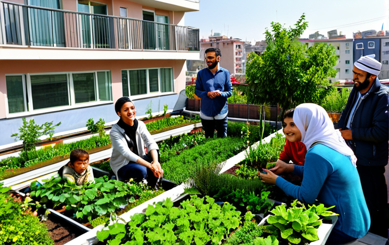 A diverse group of residents (adults and children, fully clothed in modest, casual attire) on a vibrant, flourishing green roof of a modern apartment building in a Turkish city. The roof features small urban garden plots with various plants, a comfortable seating area, and visible solar panels in the background. Residents are engaged in light gardening activities, chatting, and enjoying the space. Sunlight bathes the scene. Well-maintained plants, visible drip irrigation, city skyline in the distance. Professional photography, realistic, high detail, perfect anatomy, correct proportions, natural pose, well-formed hands, proper finger count, natural body proportions, safe for work, appropriate content, fully clothed, modest clothing, family-friendly.